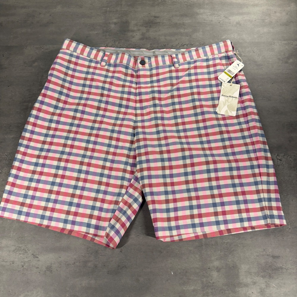 Tommy Bahama Beach Driver Check Shorts 44 Pink Red Blue IslandZone Plaid STRETCH